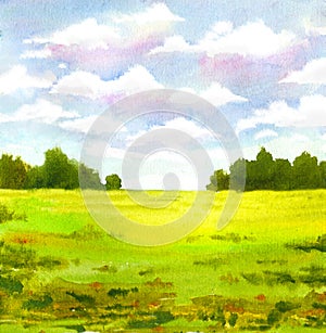watercolor landscape with sky and grass, fluffy clouds on blue sky and trees. hand drawn illustration