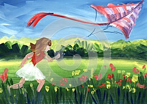 Watercolor landscape with small girl running with big colorful hovering kite through field dotted with flowers. Hand