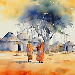 watercolor landscape a small village in Africa, two people go to the settlement