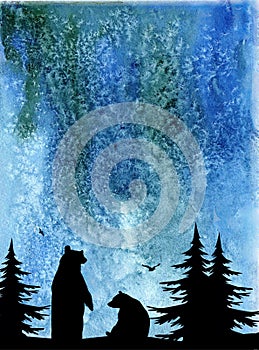 Watercolor landscape with starry sky and forest. Beautiful postcard.