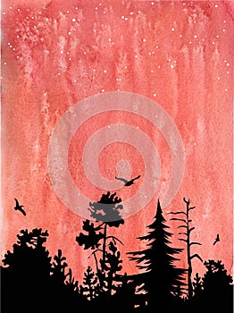 Watercolor landscape with starry sky and forest. Beautiful postcard.