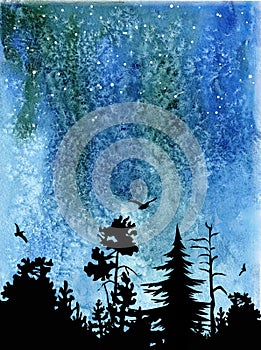 Watercolor landscape with starry sky and forest. Beautiful postcard.