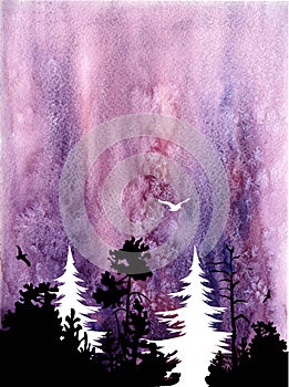 Watercolor landscape with starry sky and forest. Beautiful postcard.