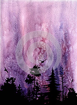 Watercolor landscape with starry sky and forest. Beautiful postcard.