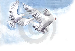 Watercolor landscape of tender blue sky with blurry white clouds and flying snow-white doves with spreading wings. Hand drawn