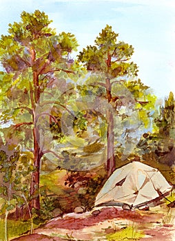 Watercolor landscape with tourists tent - camping in forest