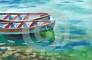 Watercolor landscape two boats on the water.