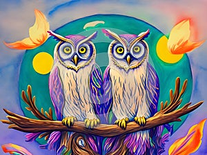 Watercolor landscape with two owls perched on a branch.