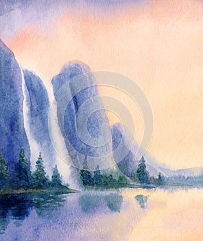 Watercolor landscape. Waterfall from the rocks to the lake