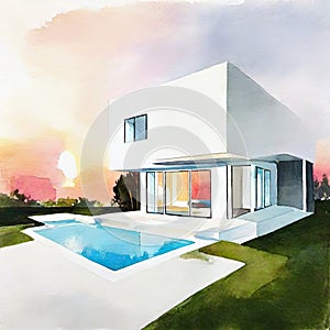 Watercolor of A large modern white House with pool sunset