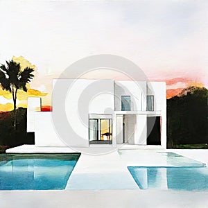 Watercolor of A large modern white House with pool sunset