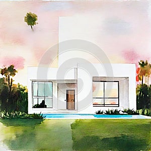 Watercolor of A large modern white House with pool sunset