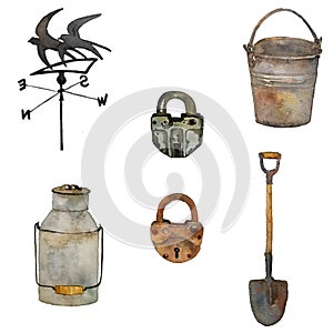 A watercolor large set of arm instruments: bucket, shovel, locks and birds house