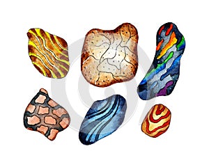 Watercolor large set of marine colorful stones. Pebbles for the aquarium