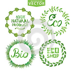 Watercolor laurels wreath set.Eco,bio,nature labels