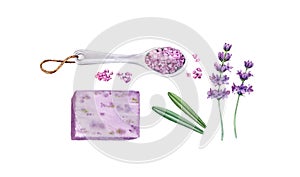 Watercolor lavender body care accessories. Bath salt, soap, cream, brush, flowers. Set of isola ated spa and cosmetic