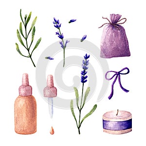 Watercolor Lavender flowers and leaves. Aromatherapy and spa elements: sashet, candle, essential oil.