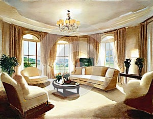 Watercolor of A lavish living room in a luxurious