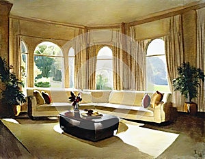 Watercolor of A lavish living room in a luxurious