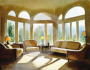 Watercolor of A lavish living room in a luxurious