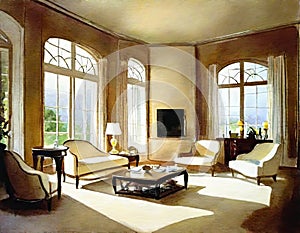 Watercolor of A lavish living room in a luxurious