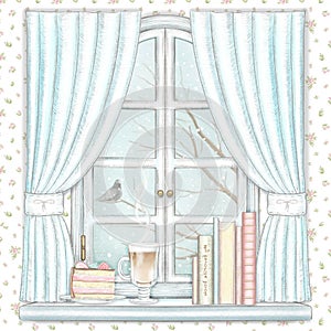 Watercolor and lead pencil graphic composition with coffee, cake and books on the window with blue curtains and winter landscape