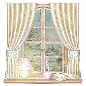 Watercolor and lead pencil graphic composition with tea, glowing lamp and book on the window with night landscape