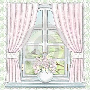 Watercolor and lead pencil graphic composition with vase with flowers on the window with summer landscape