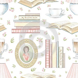Watercolor and lead pencil graphic seamless pattern with vintage things