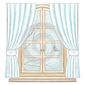 Watercolor and lead pencil window with blue curtains and winter landscape