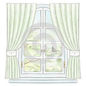 Watercolor and lead pencil window with green curtains and spring landscape