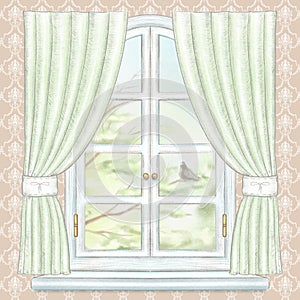 Watercolor and lead pencil window with green curtains and summer landscape on brown wallpaper