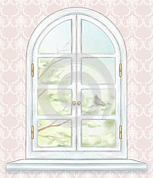 Watercolor and lead pencil window with spring landscape