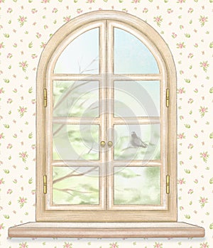 Watercolor and lead pencil window with summer landscape