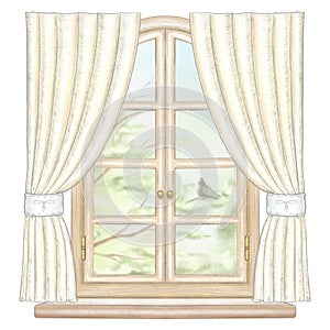 Watercolor and lead pencil window with yellow curtains and spring landscape