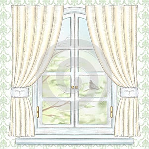 Watercolor and lead pencil window with yellow curtains and summer landscape on green wallpaper