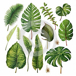 Watercolor leaf paint illustration with clipping parts isolated on white background. generative ai