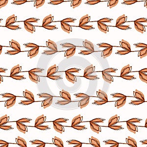 Watercolor Leaf Stem Vector Seamless Pattern. Drawn Leaves Stripe Hand Painted White Background. Autumn Fall Mood