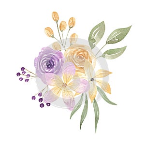 Watercolor Leaves Floral Berries Buds Arrangement Purple Yellow