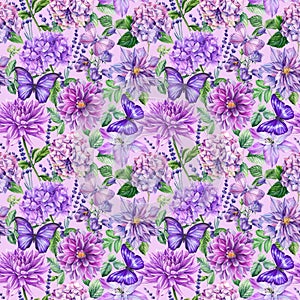 Watercolor leaves and flowers, botanical illustration. Violet Floral seamless pattern.