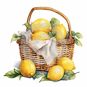 Watercolor Lemon Bundle In Picnic Basket Illustration