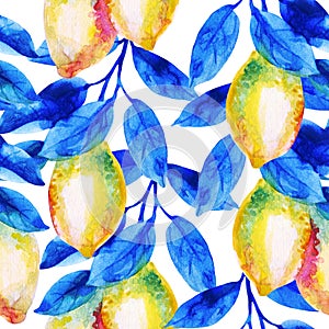 Watercolor lemon fruit branch with bright blue leaves seamless pattern.