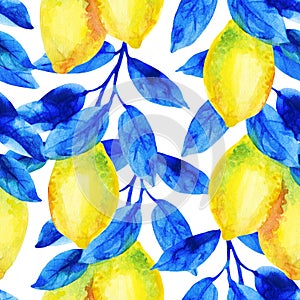 Watercolor lemon fruit branch with bright blue leaves seamless pattern.