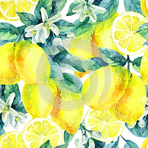 Watercolor lemon fruit branch with leaves seamless pattern