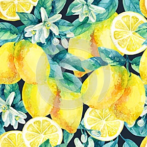 Watercolor lemon fruit branch with leaves seamless pattern