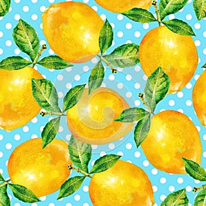 Watercolor lemon fruit branch with leaves, seamless pattern. Hand painted illustration