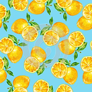 Watercolor lemon fruit branch with leaves, seamless pattern. Hand painted illustration