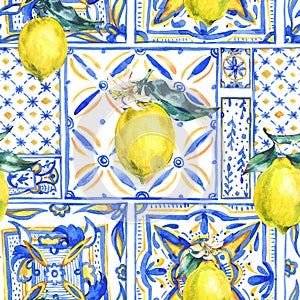 Watercolor lemon ornament seamless pattern