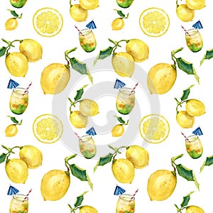 Watercolor lemonade seamless pattern. Citrus andcocktail ornament isolatedon white background. For design, fabric or