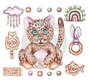 Watercolor leopard on a white background with boho-style toys